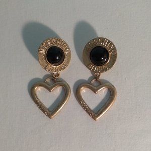 Moschino Gold and Onyx Vintage Bijoux Heart Shape Dangling Earrings